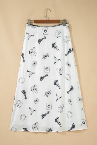 White Western Print Satin Long Skirt