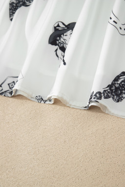 White Western Print Satin Long Skirt