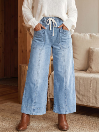 Beau Blue Drawstring Waist Wide Leg Ankle Length Jeans