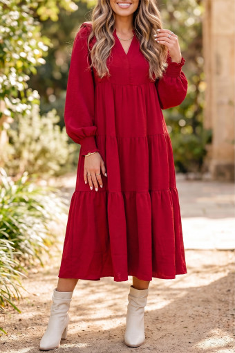 Racing Red Solid Color Ruffle Trim Long Sleeve Tiered Shift Midi Dress