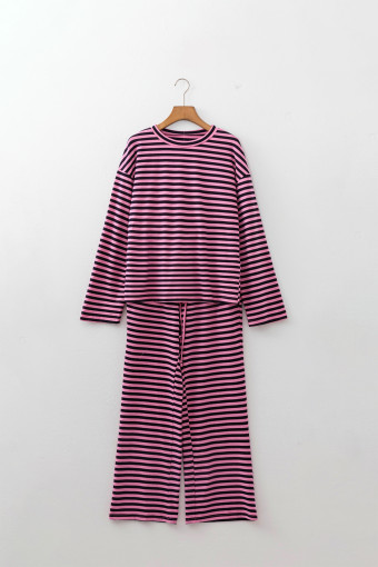 Pink Stripe Casual Long Sleeve Top Drawstring Pant Set