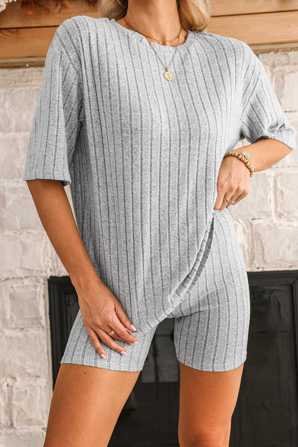 Gray Plain Ribbed Loose Fit Two Piece Lounge Set
