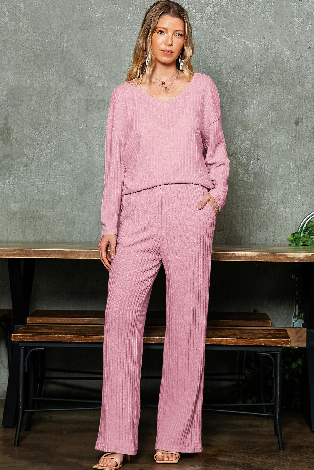 27 - Light Pink Ribbed Knit V Neck Slouchy Two-piece Outfit