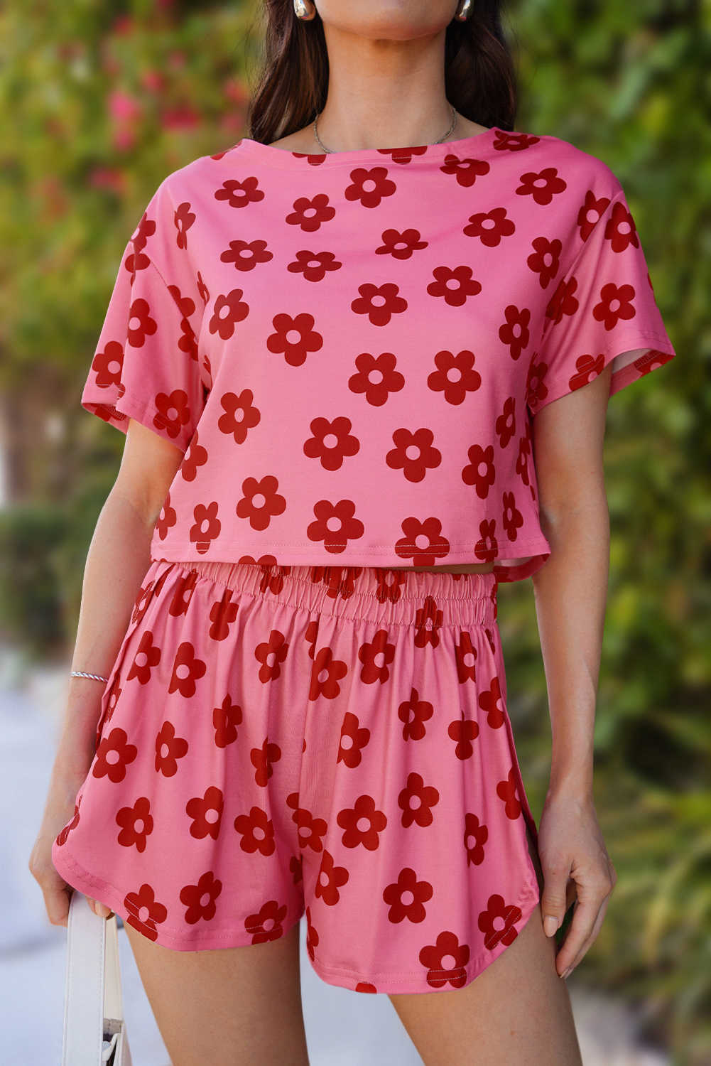 Rose Floral Print Crop Tee and Shorts Lounge Set