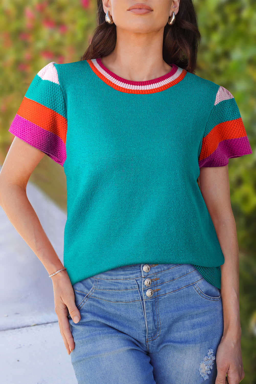 Turquoise Contrast Flutter Sleeves Knitted Sweater T Shirt