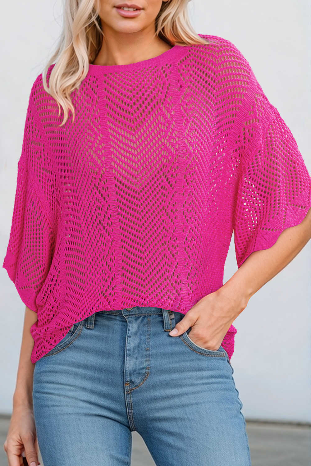 Rose Red Pointelle Knit Scallop Edge Short Sleeve Top