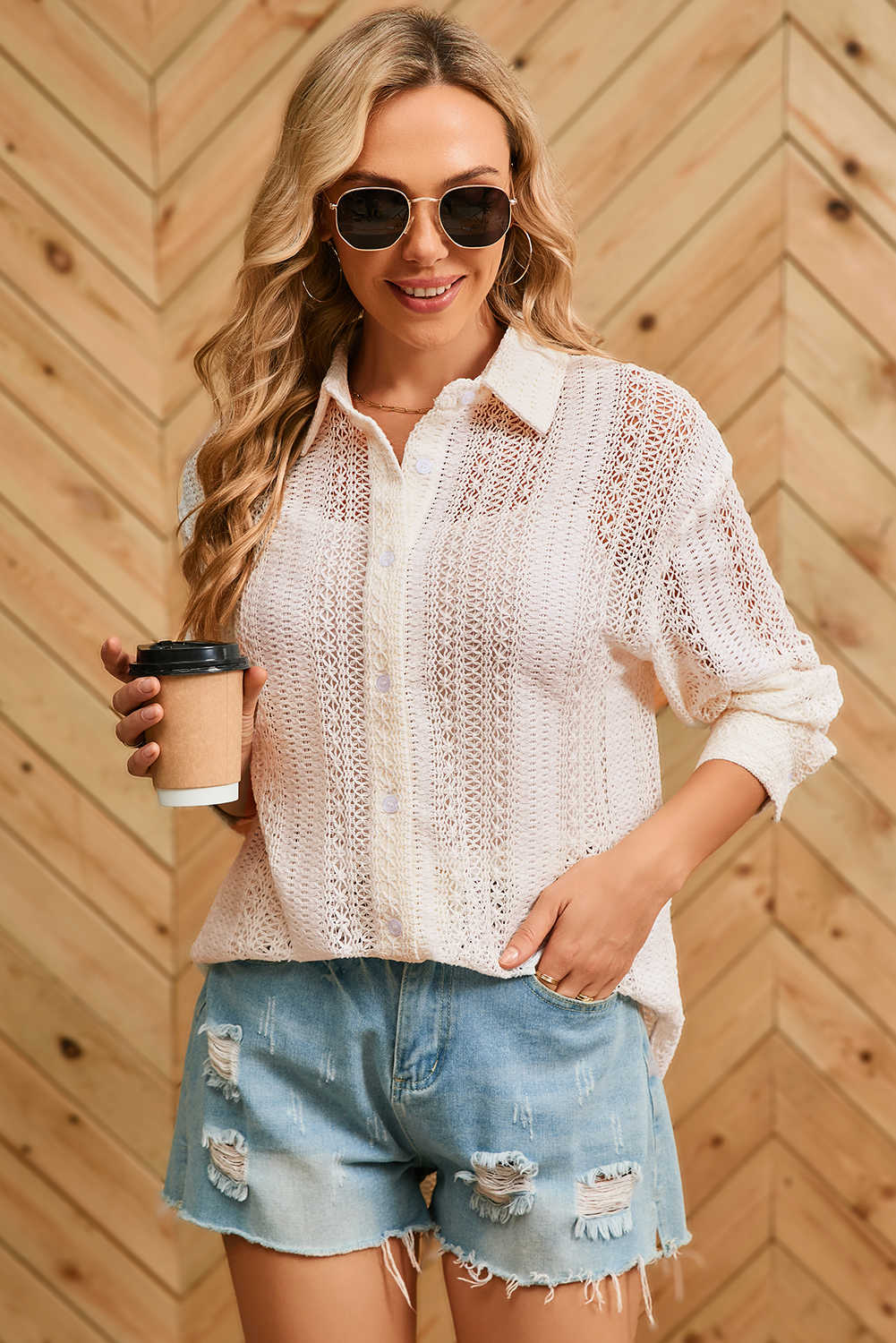 Beige Lace Crochet Collared Tunic Oversized Shirt