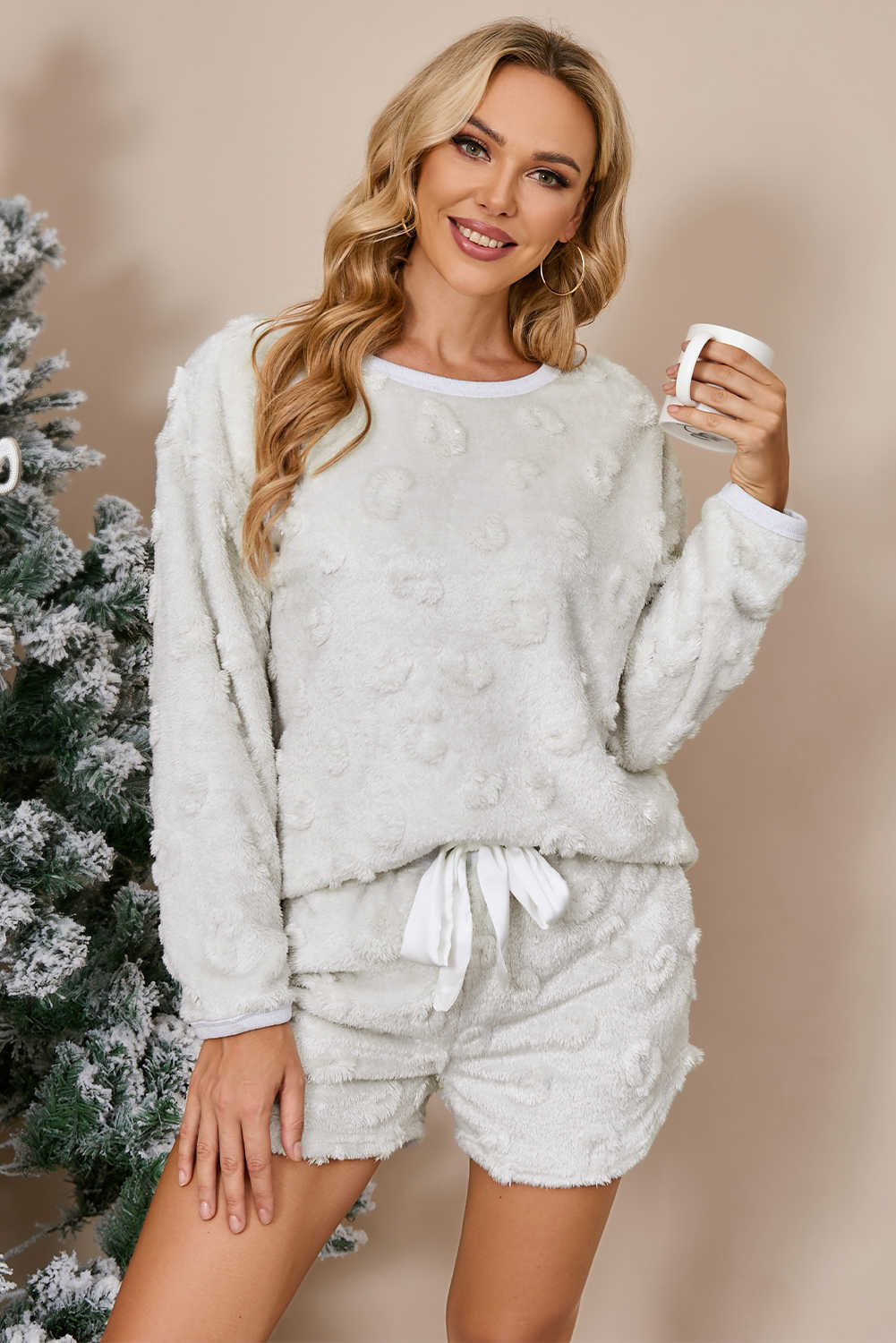 Light Grey Textured Leopard Fleece Loose Two Piece Lounge Set