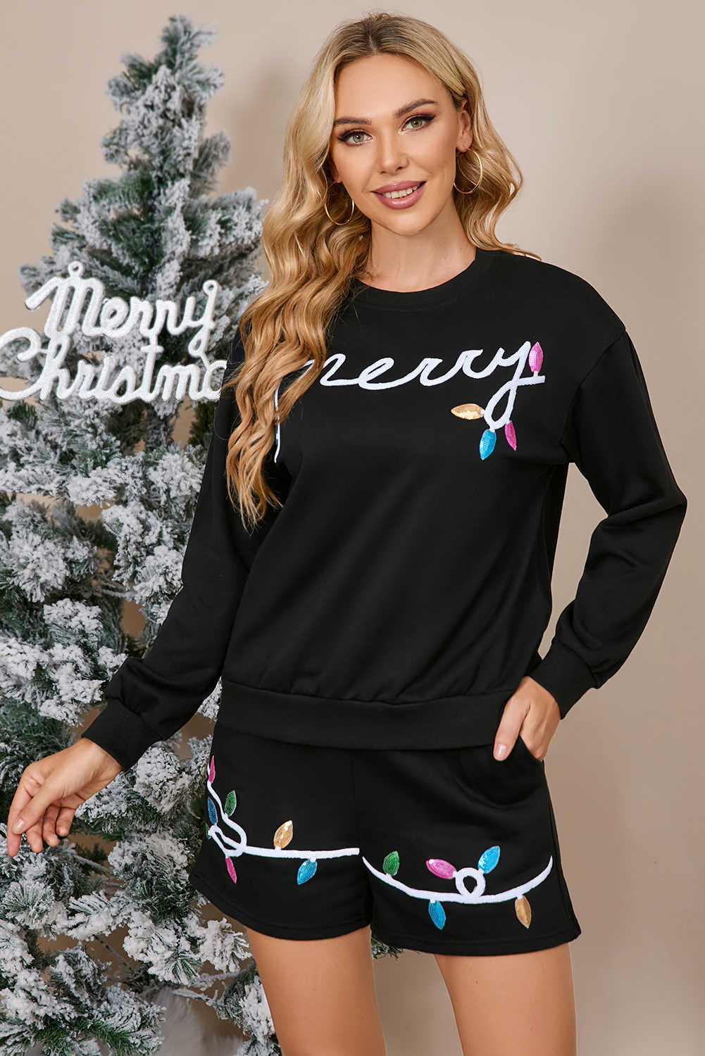Black Sequin Merry Graphic Pullover and Shorts Outfit