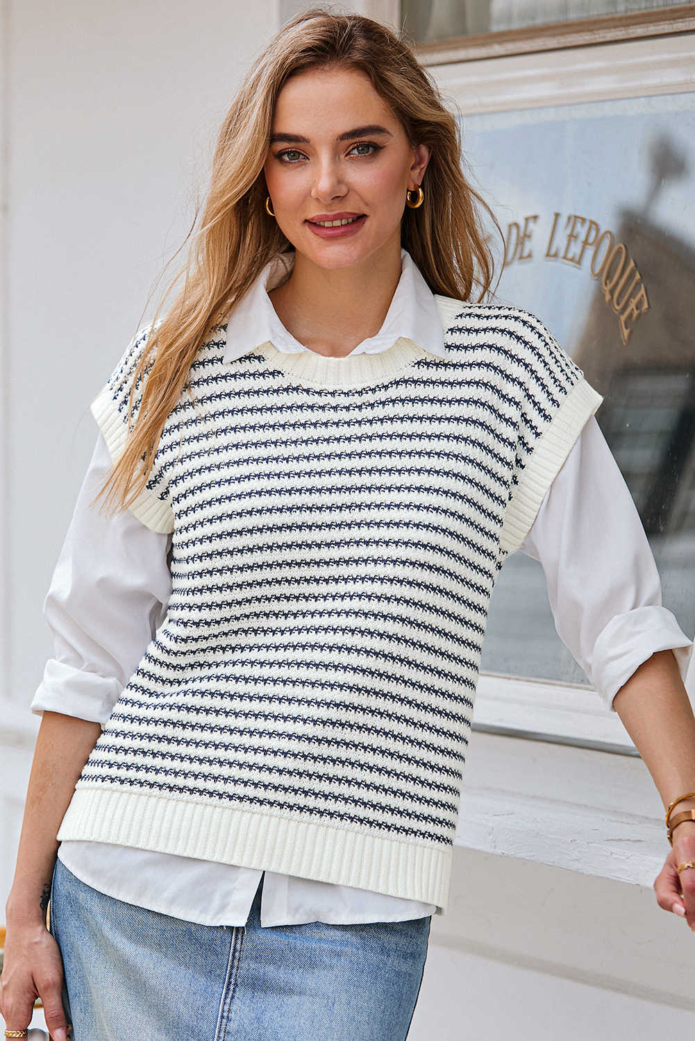 Blue Stripe Ribbed Trim Loose Fit Knitted Sweater Vest