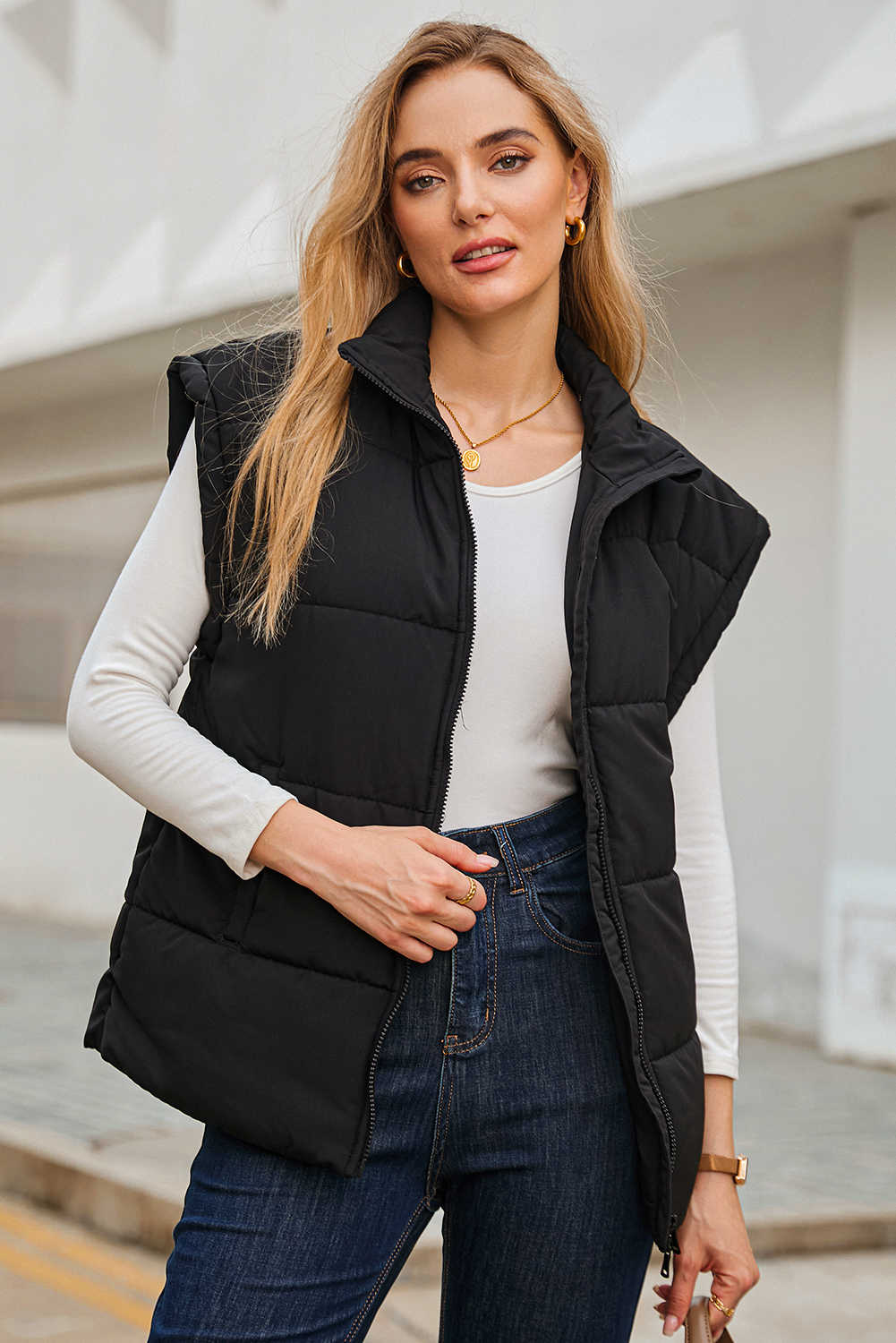 Black Solid Zipper Stand Neck Oversized Puffer Vest