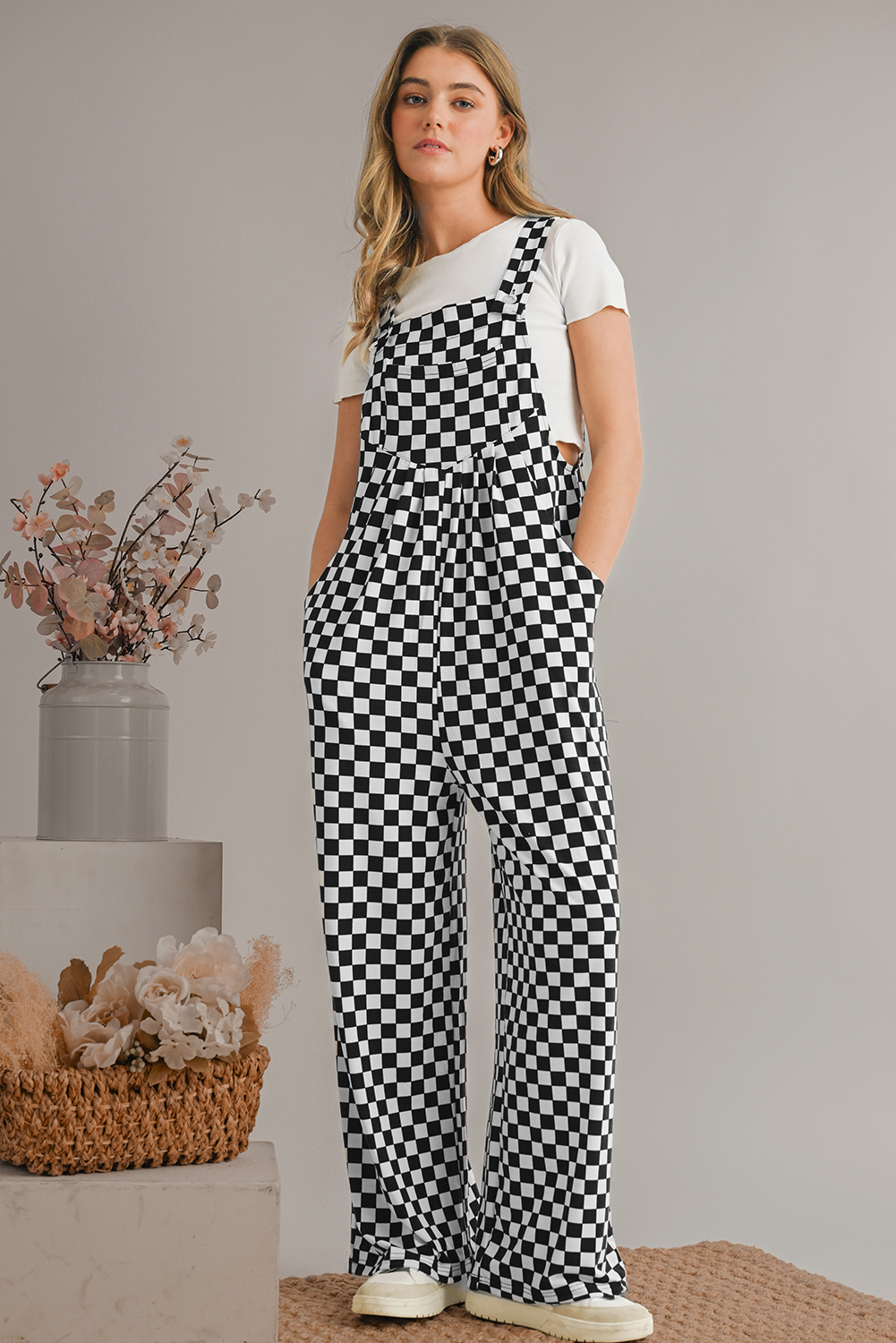 Black Checkered Print Pocketed Wide Leg Jumpsuit