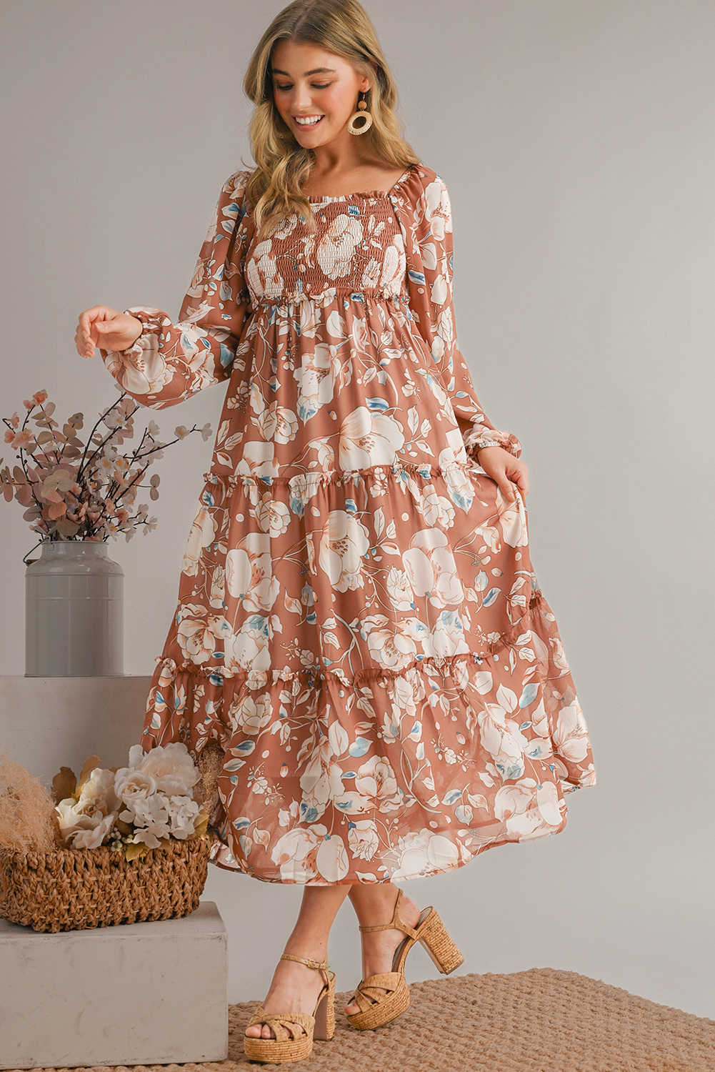 Brown Floral Print Shirred Square Neck High Waist Maxi Dress