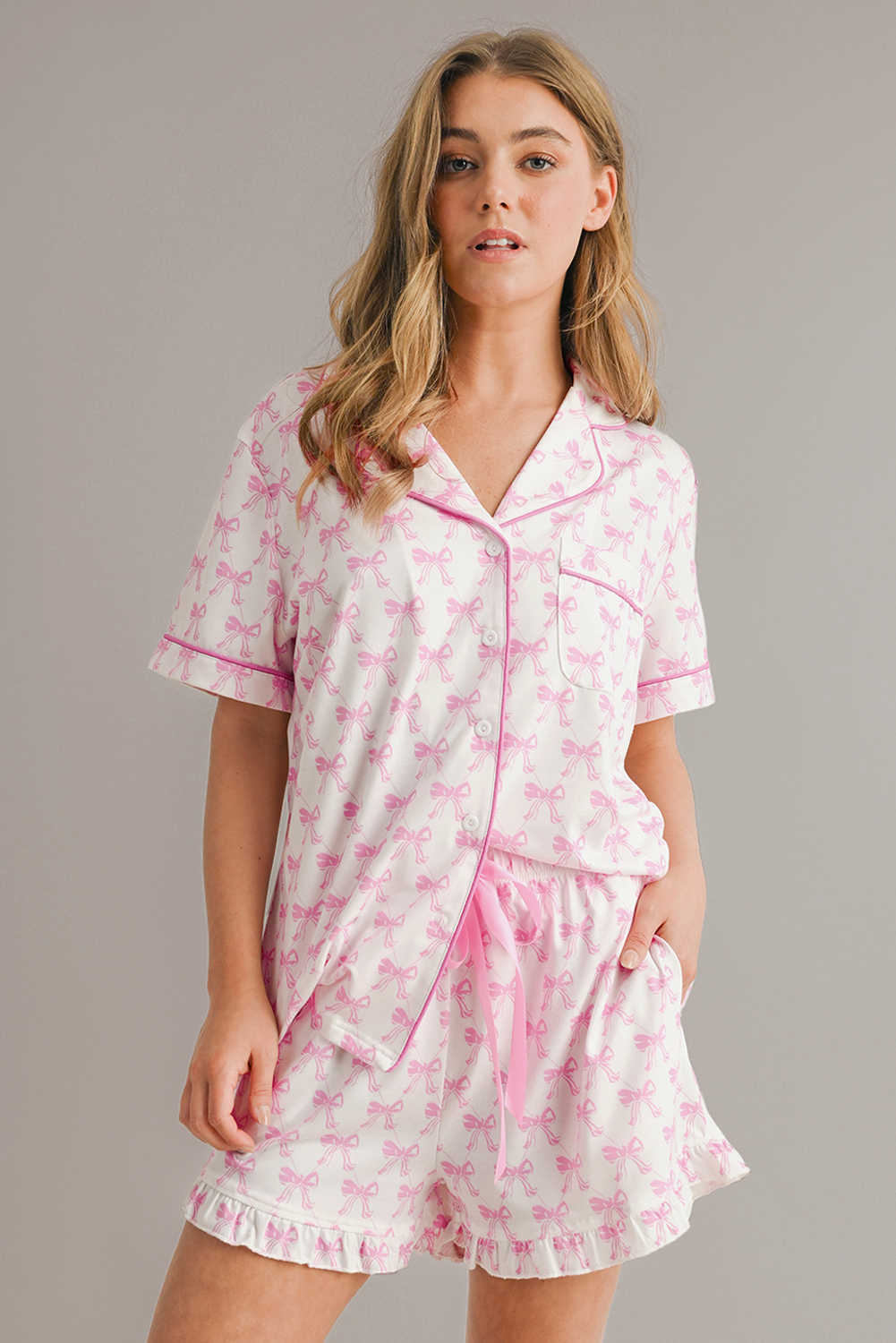 Pink Bowknot Printed Short Sleeve and Ruffled Shorts Pajama Set