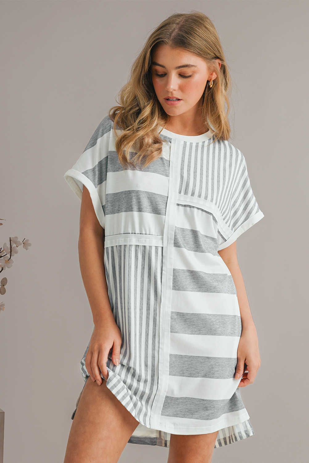 Gray Stripe Mixed Printed Short Sleeve Shift Mini T Shirt Dress