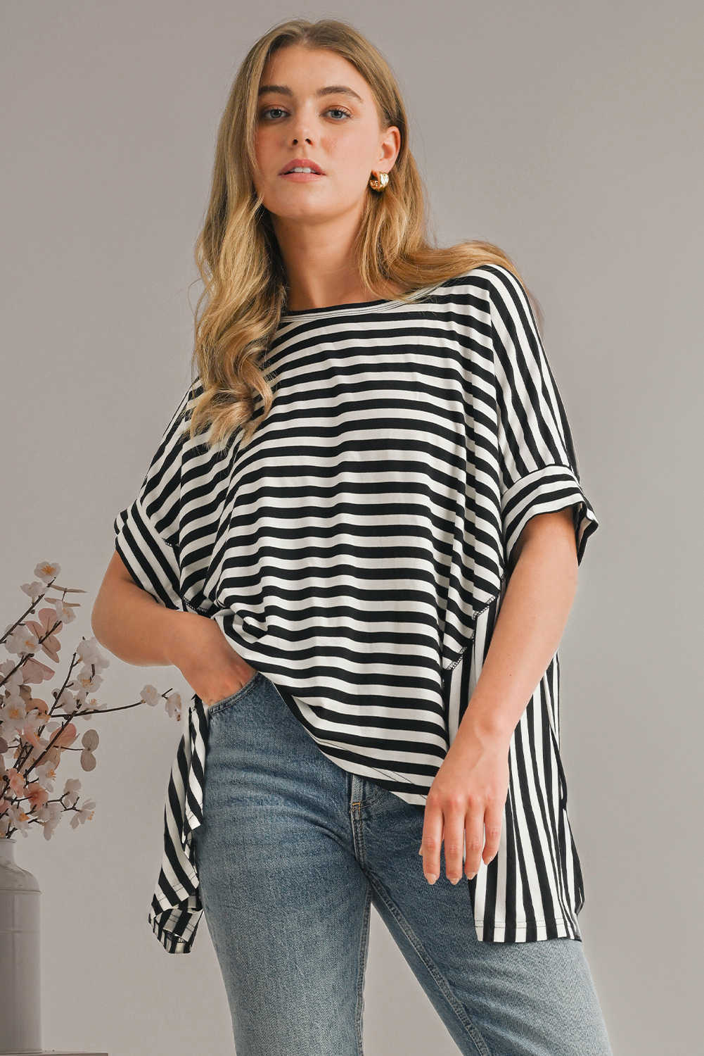 Black Stripe Batwing Sleeve Crewneck Oversized Top