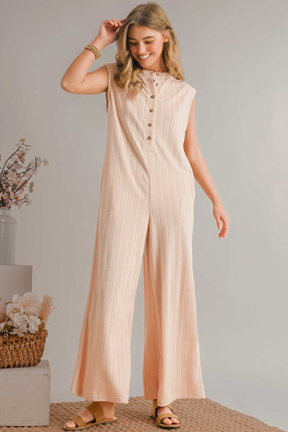 Smoke Gray Textured Buttoned Wide Leg Sleeveless Jumpsuit