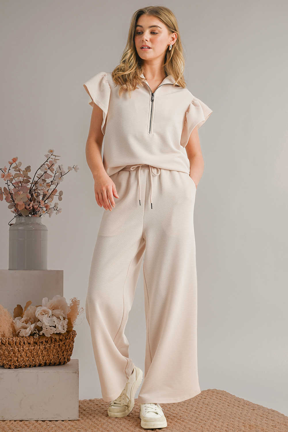 Apricot Textured Ruffled Sleeve Zipped Top and Wide Leg Pants Set