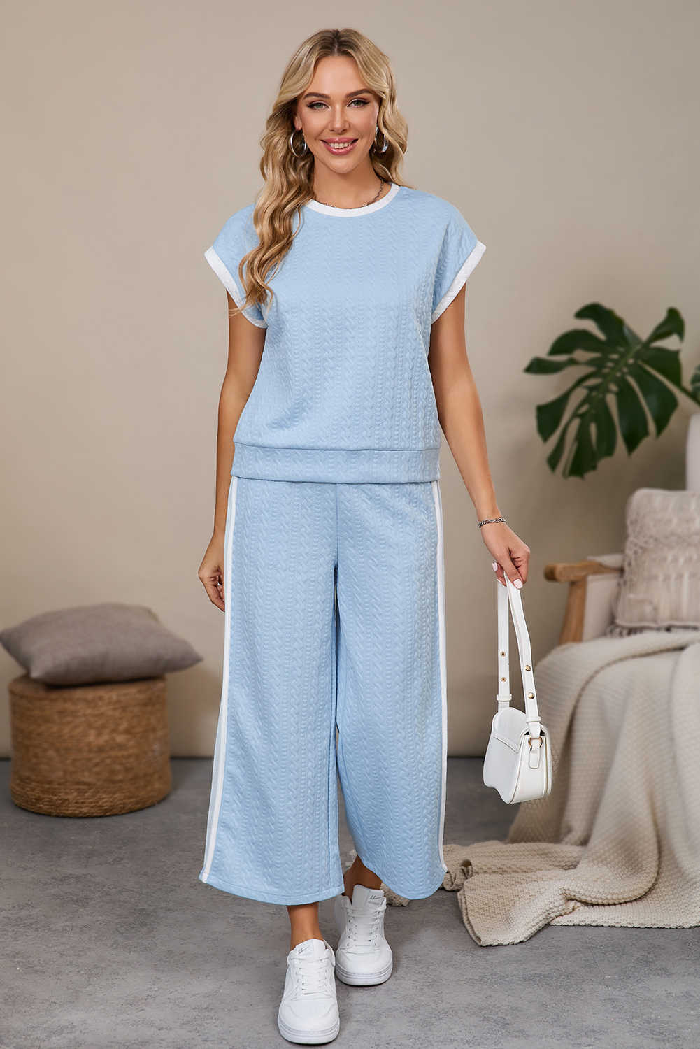 Beau Blue Textured Colorblock Edge Tank Top High Waist Pants Set