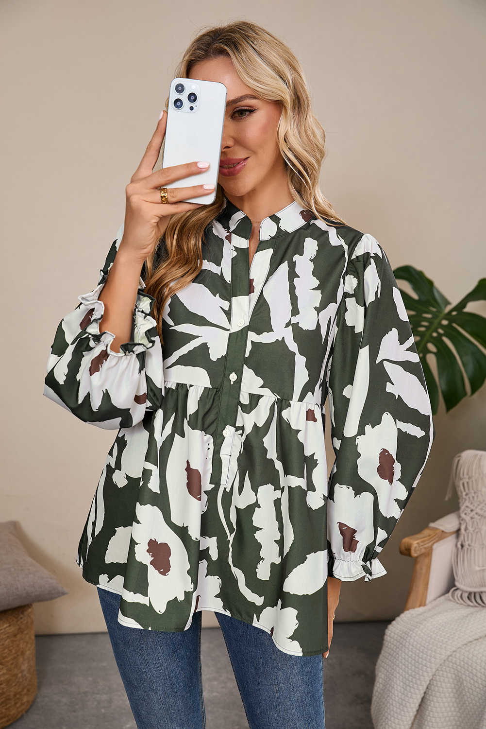 Four Leaf Clover Abstract Floral Print Puff Sleeve Half Button Blouse