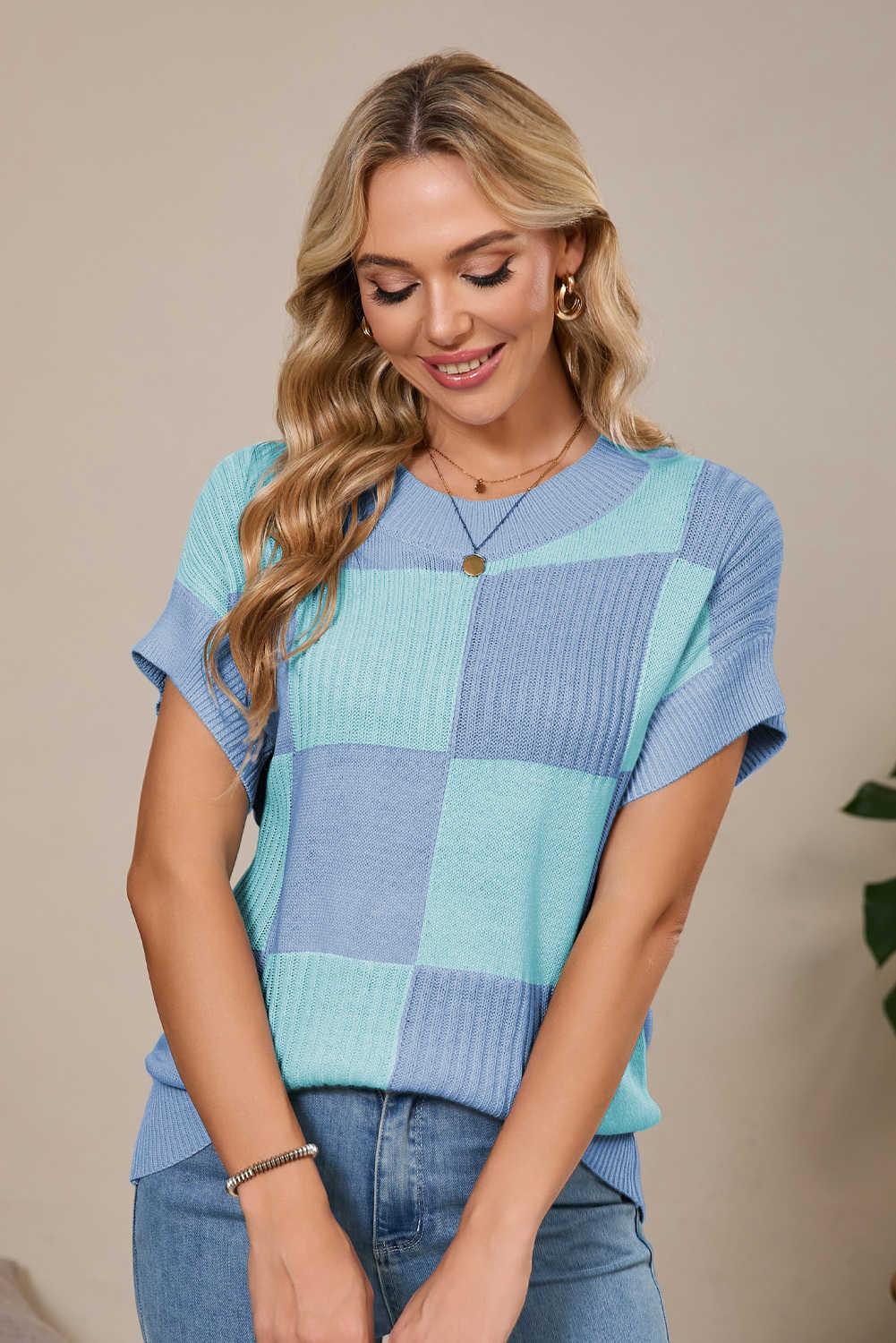 Light Blue Checkered Color Block Crew Neck Short Sleeve Sweater