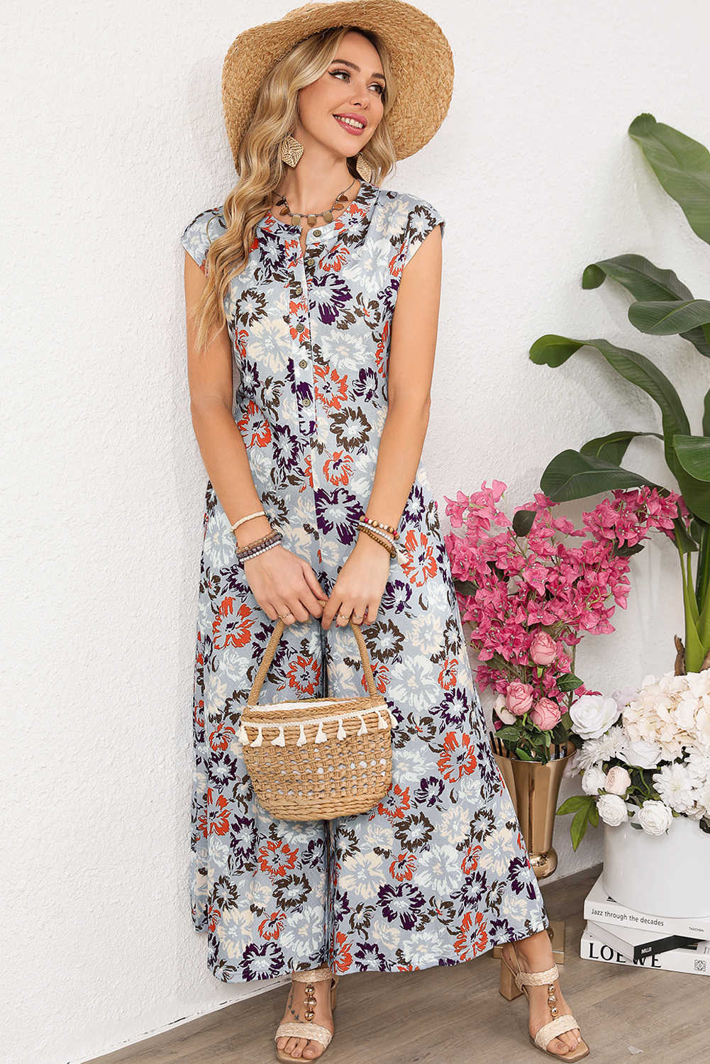 Sky Blue Floral Sleeveless Buttoned Pocketed Wide Leg Jumpsuit