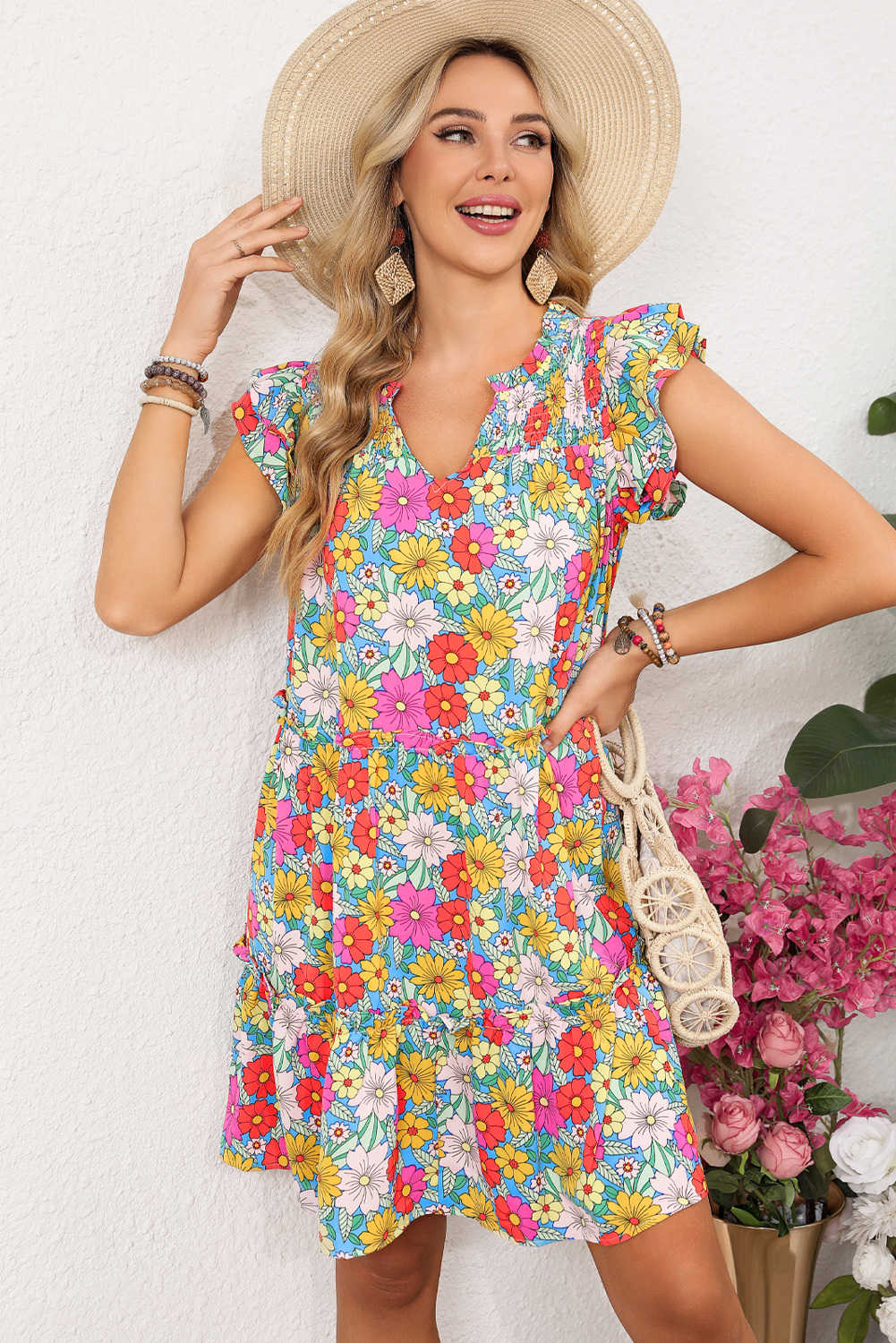 Sky Blue Floral Print Smocked Notch V Neck Flutter Sleeve Mini Dress