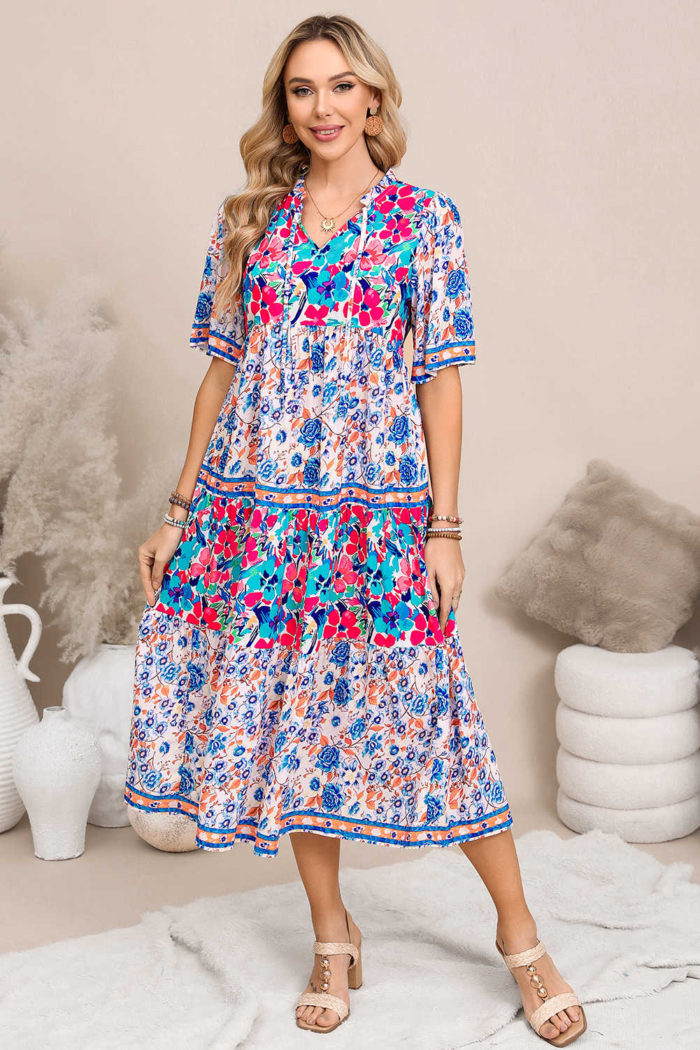 Sky Blue Mixed Floral Print Tie Split Neck Short Sleeve Dress
