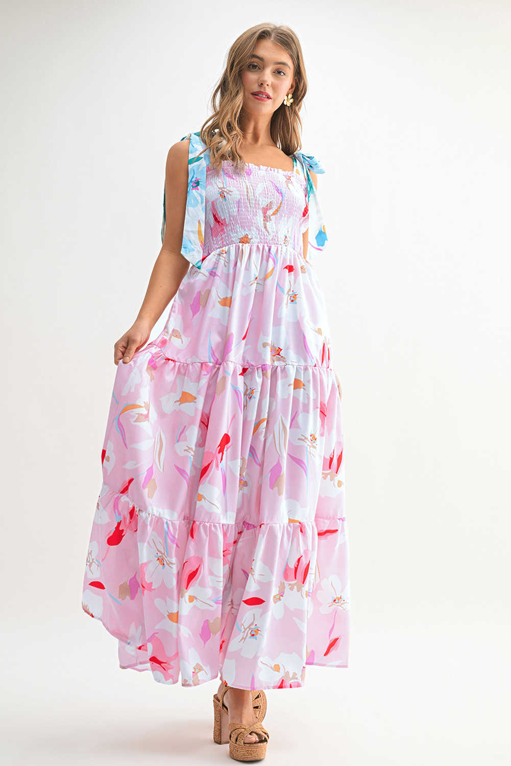 Pink Floral Print Knotted Shoulder Smocked Maxi Dress