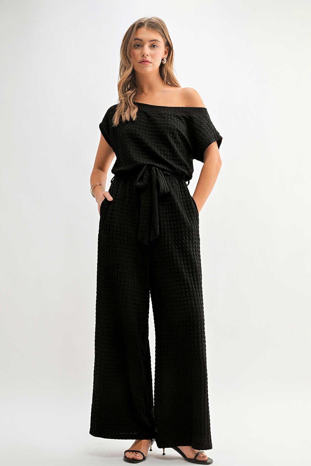 Black Checkered Mesh One Shoulder Short Sleeve Knotted Waist Jumpsuit