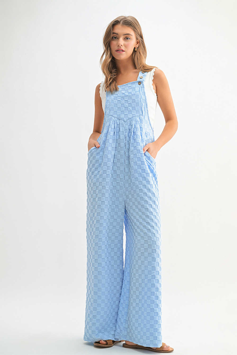 Beau Blue Checkered Pocketed High Waist Wide Leg Overall