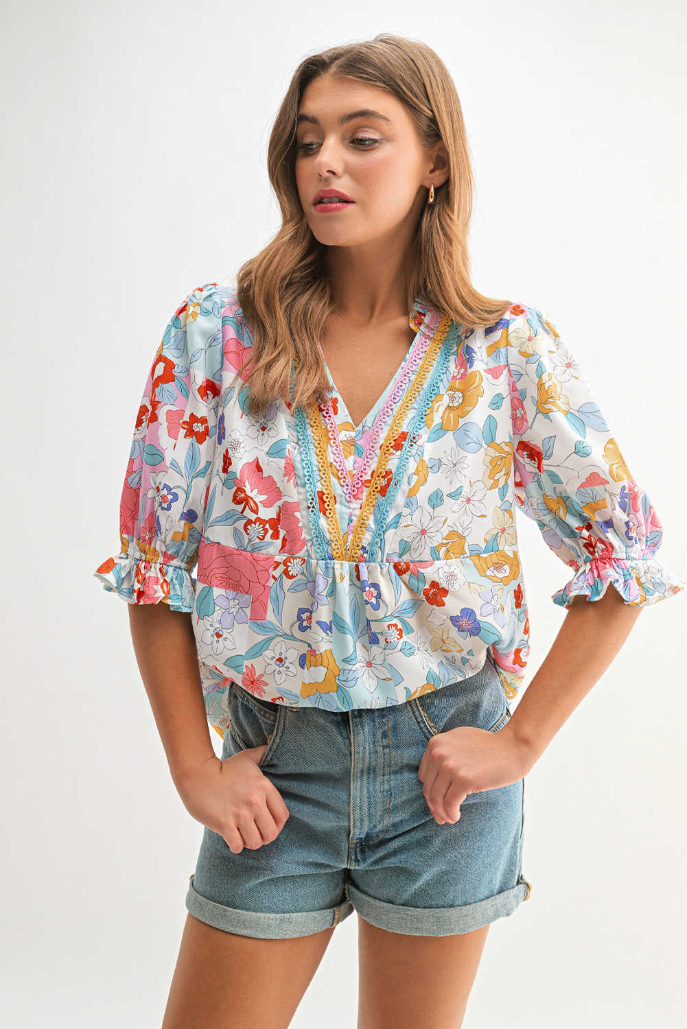 Pink Boho Flower Print Half Puff Sleeve Blouse