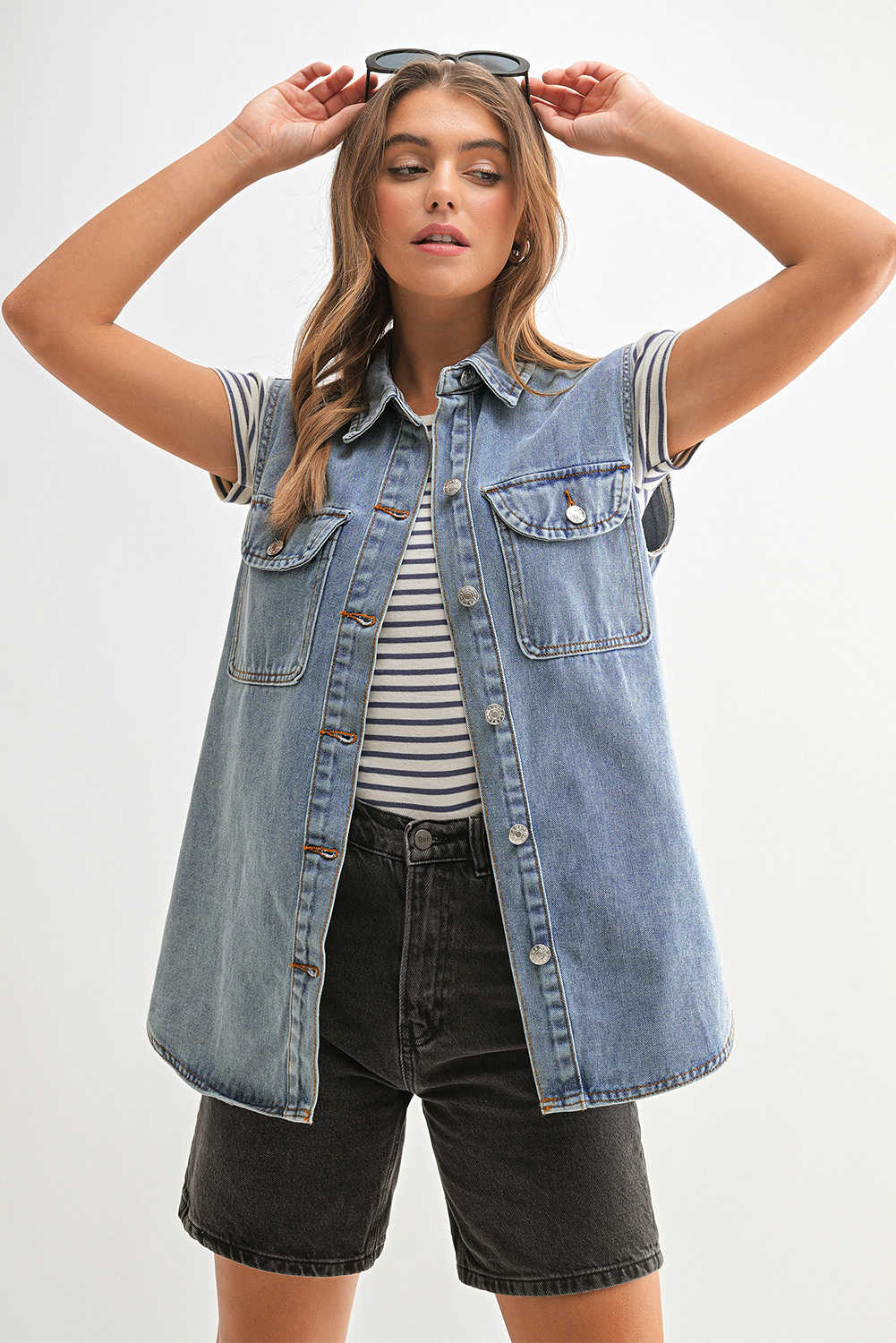 Beau Blue Denim Flap Pocket Curved Hem Shirt Vest