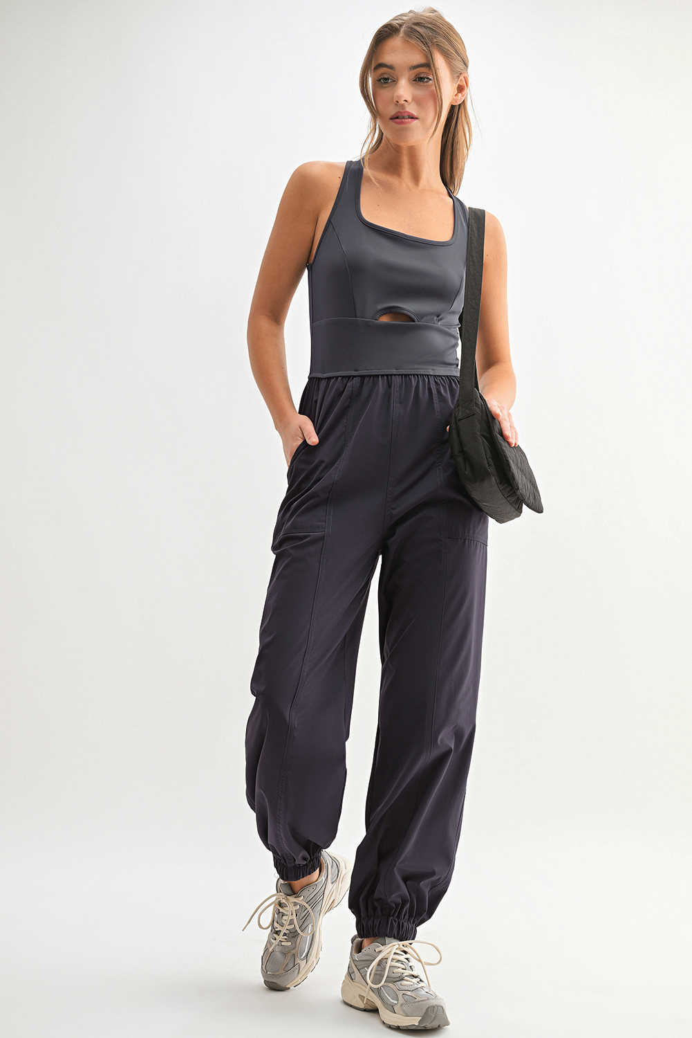 Carbon Grey Back Crossed Straps Hollow Out Jogger Jumpsuit