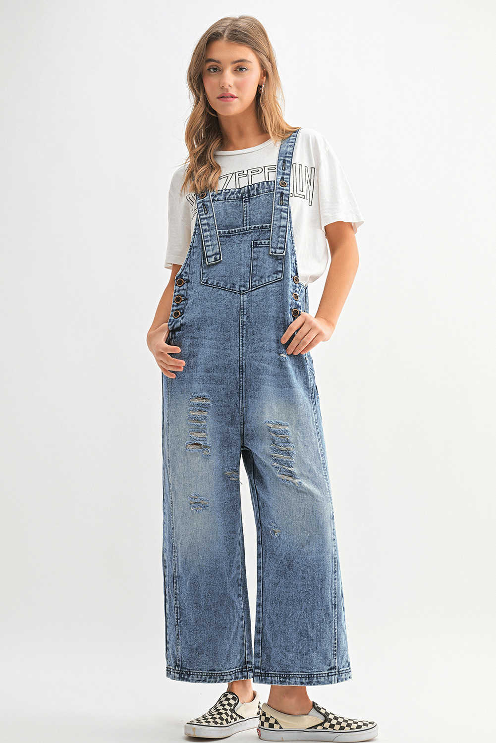 Stone Blue Distressed Bib Pocket Wide Leg Denim Overall