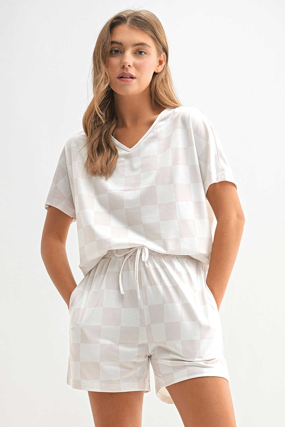 Beige Checkered V Neck Tee Drawstring Shorts Lounge Set