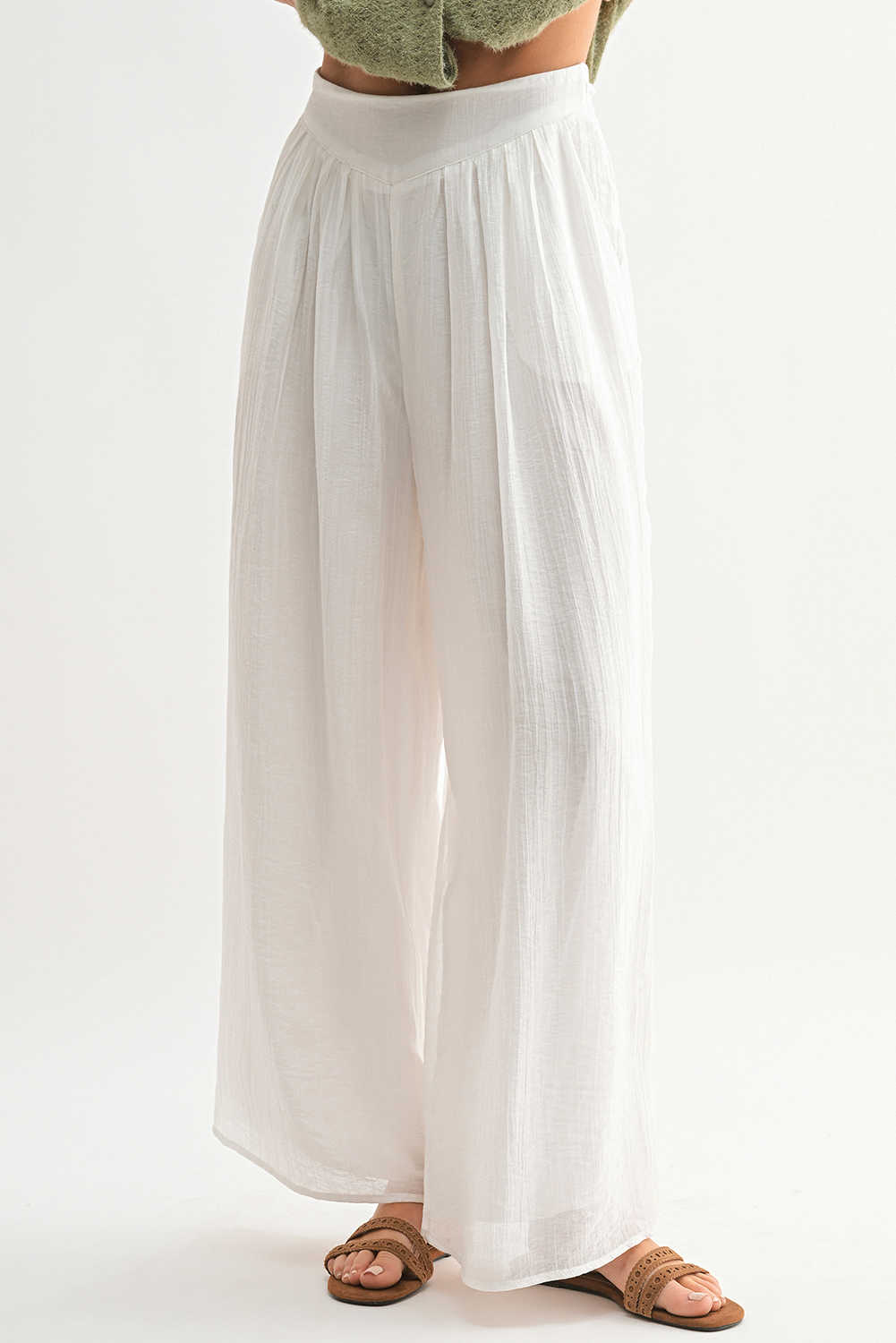 White Casual Tie Waist Pleated Wide Leg Pants