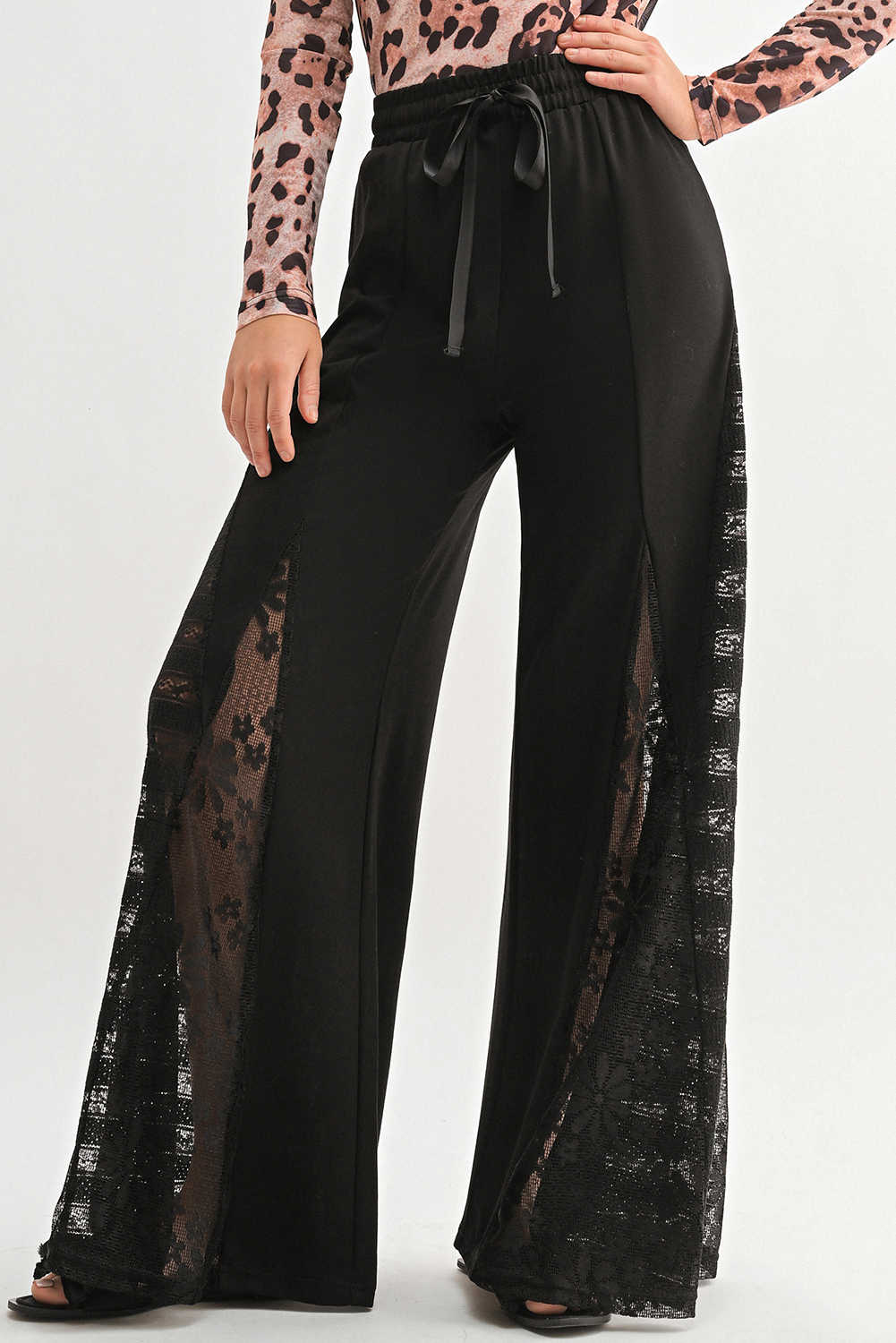 Black Boho Lace Patchwork Wide Leg High Waist Pants