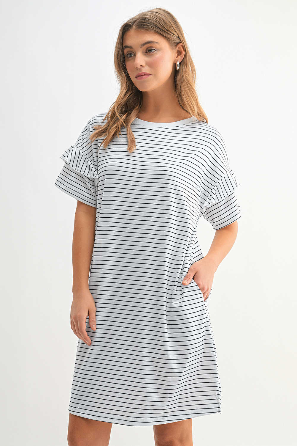 White Stripe Ruffled Short Sleeve Crew Neck T Shirt Shift Mini Dress