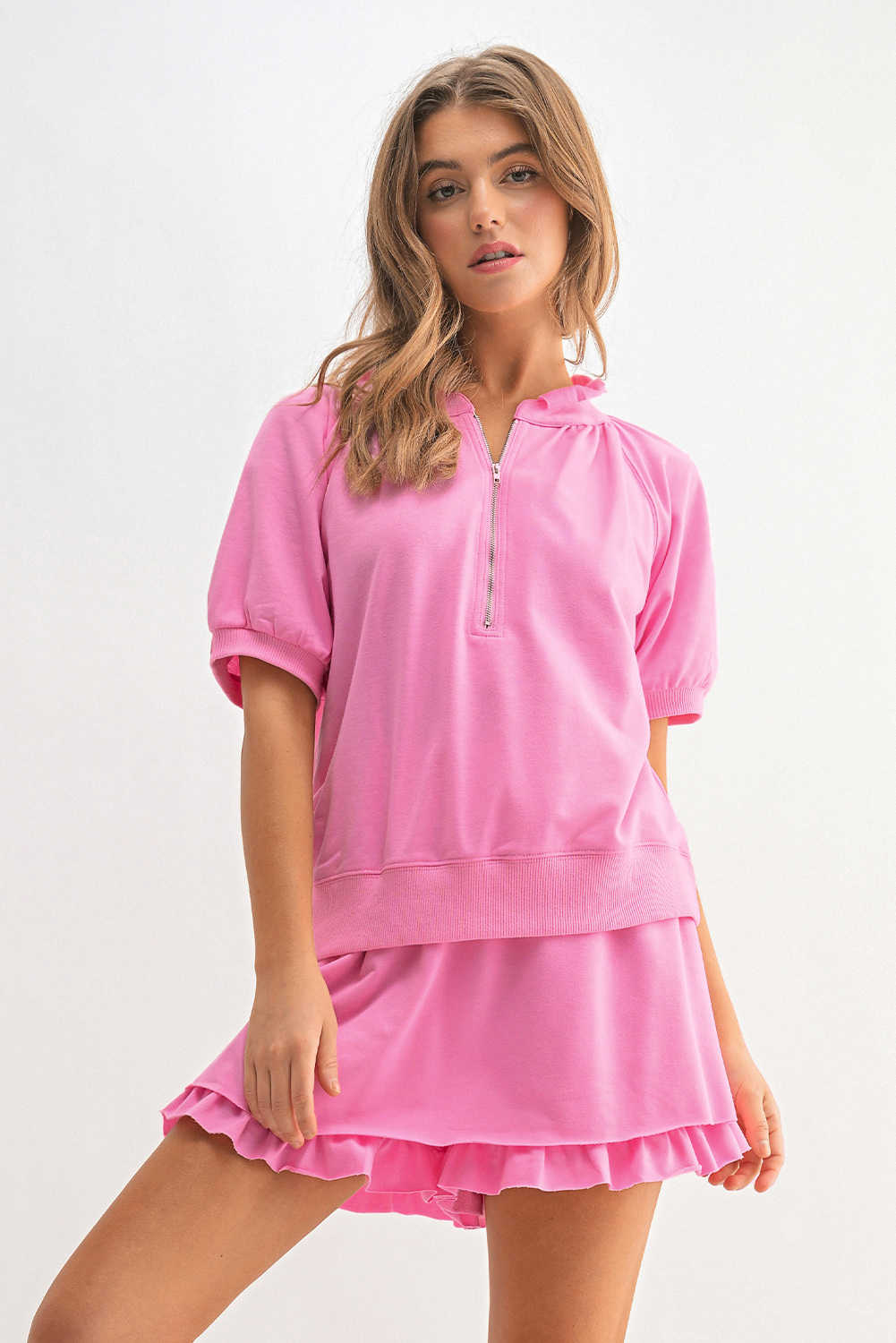 Pink Half Zip Puff Sleeve Top and Ruffled Shorts Set
