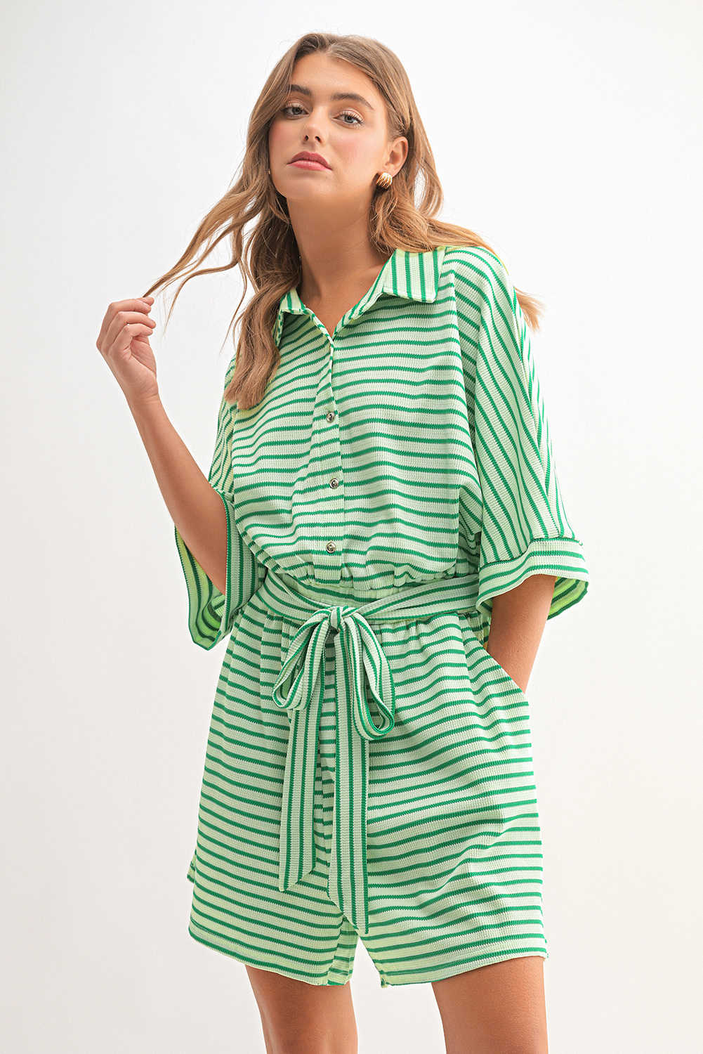 Green Stripe Textured Short Sleeve Collared Buttoned Waist Tie Romper