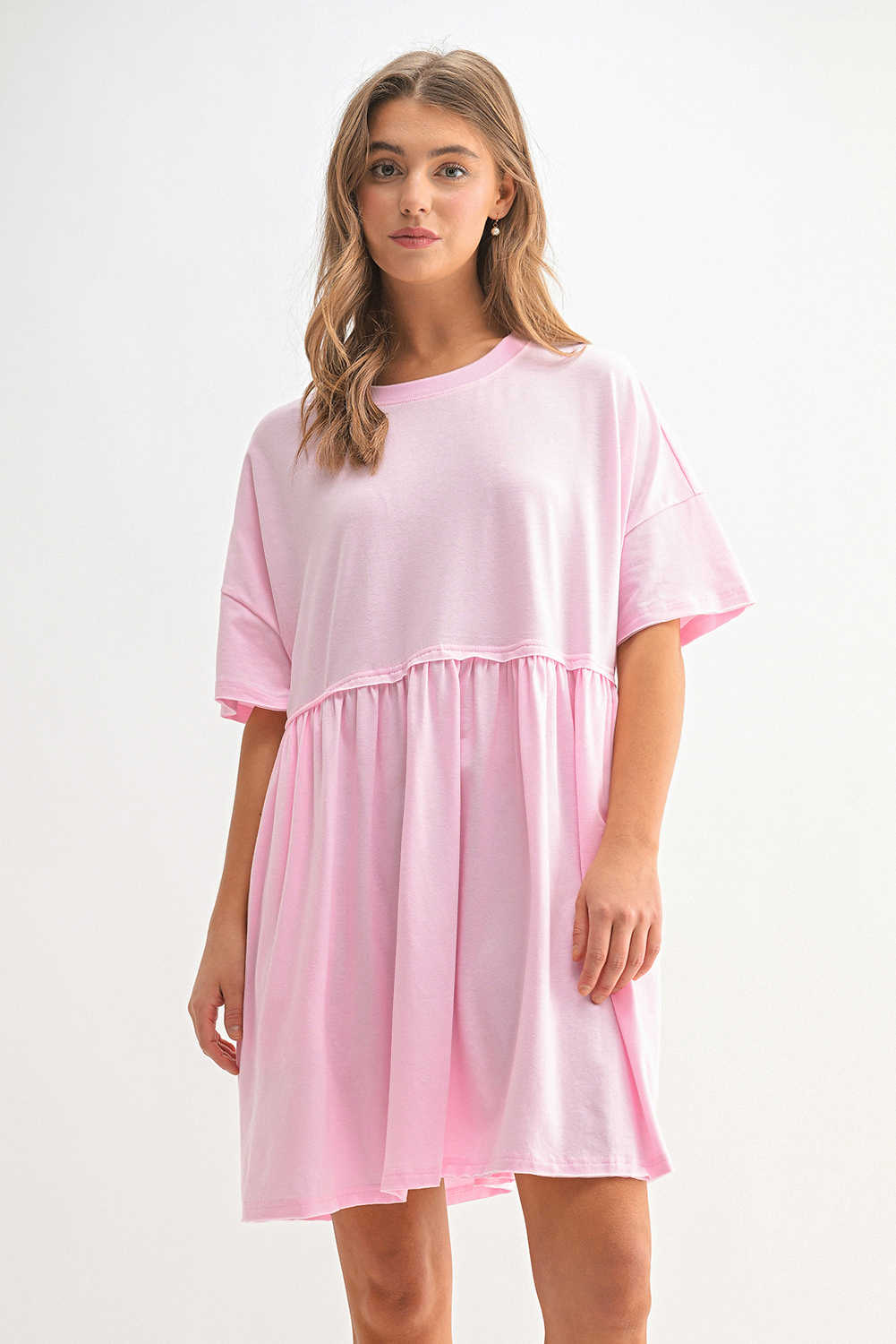 Light Pink Solid Color Pocketed Raw Edge Babydoll Dress