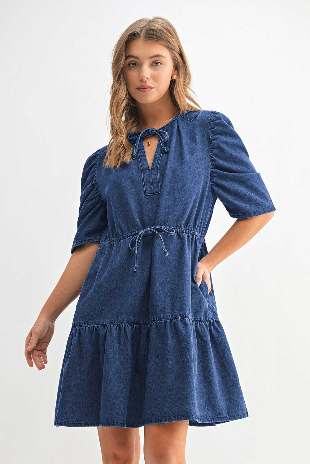 Blue Drawstring High Waist Puff Sleeve Denim Mini Dress