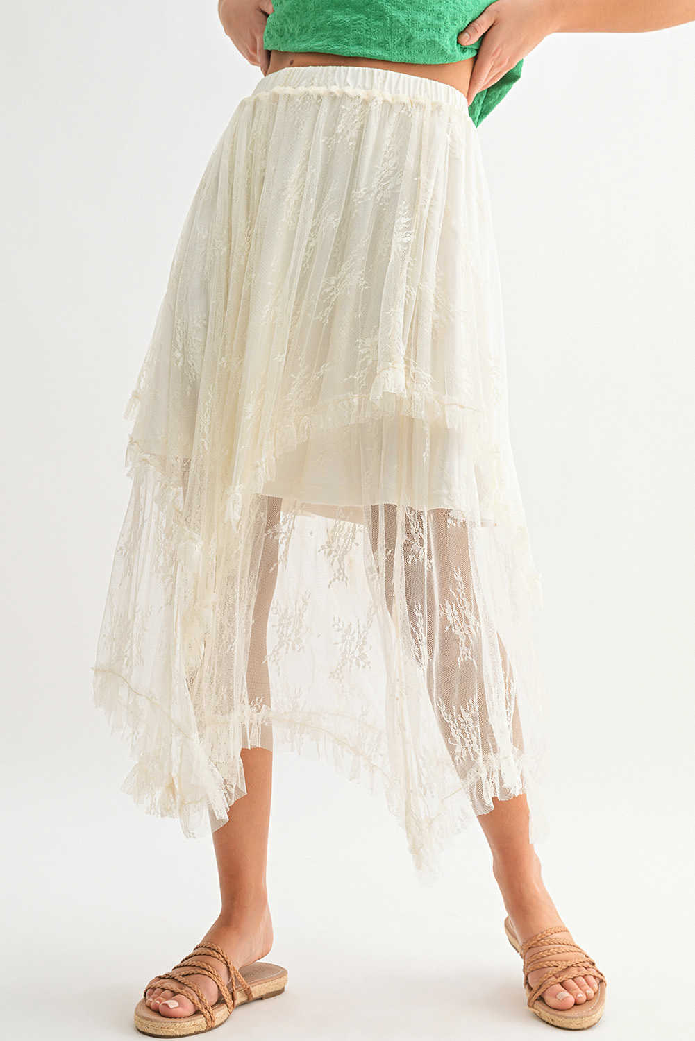 Beige Lace Cascading Tiered High Waist Maxi Skirt