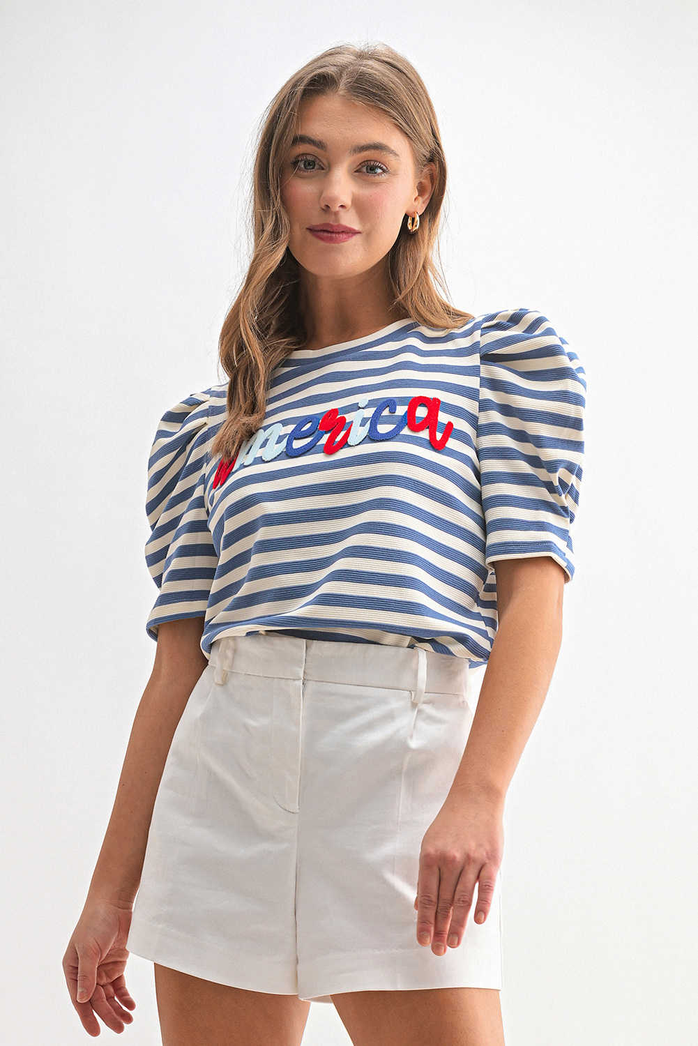 Blue Stripe America Cursive Graphic Puff Sleeve T-shirt