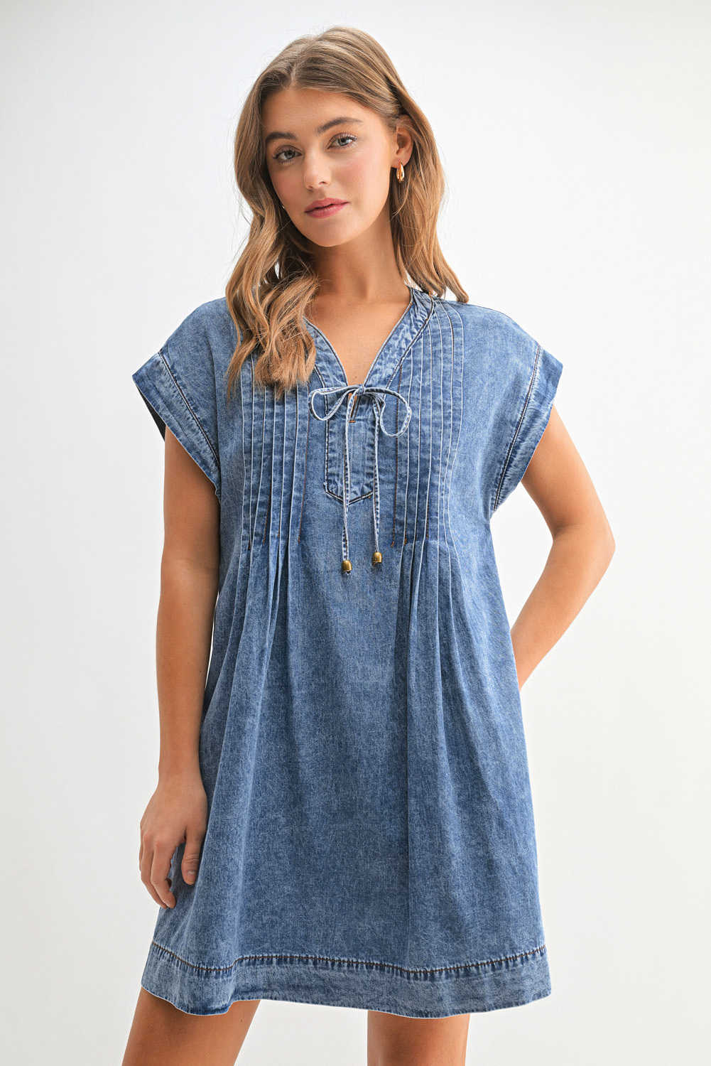 Beau Blue Tie V Neck Tucking Detail Short Sleeve Denim Shift Dress