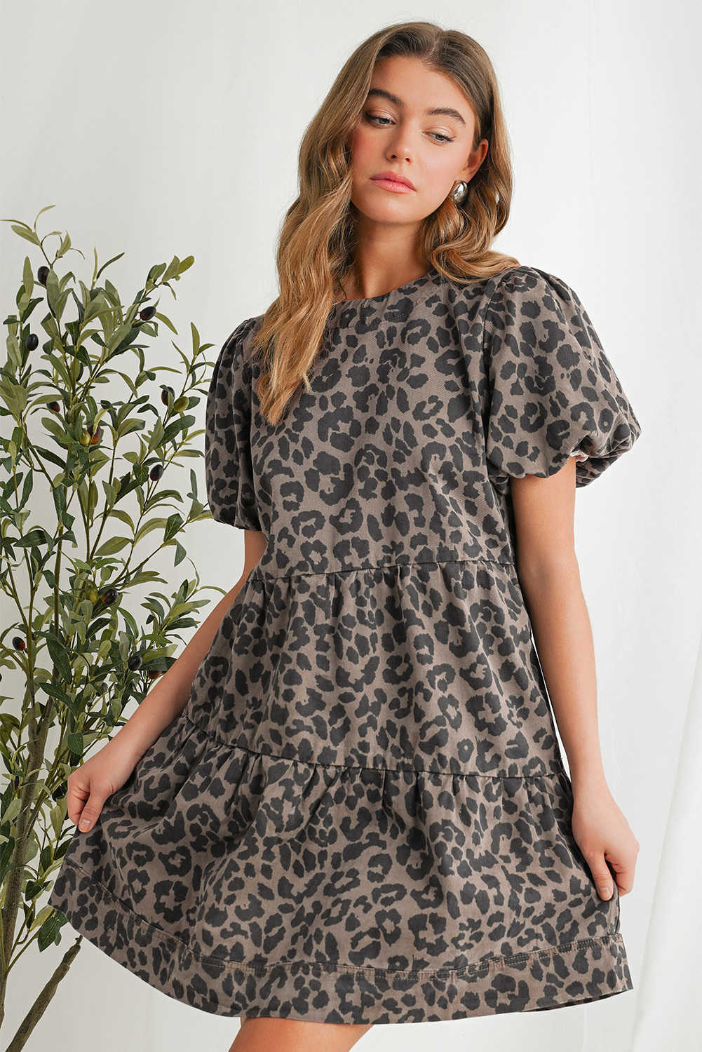 Brown Denim Leopard Printed Short Puff Sleeve Mini Dress