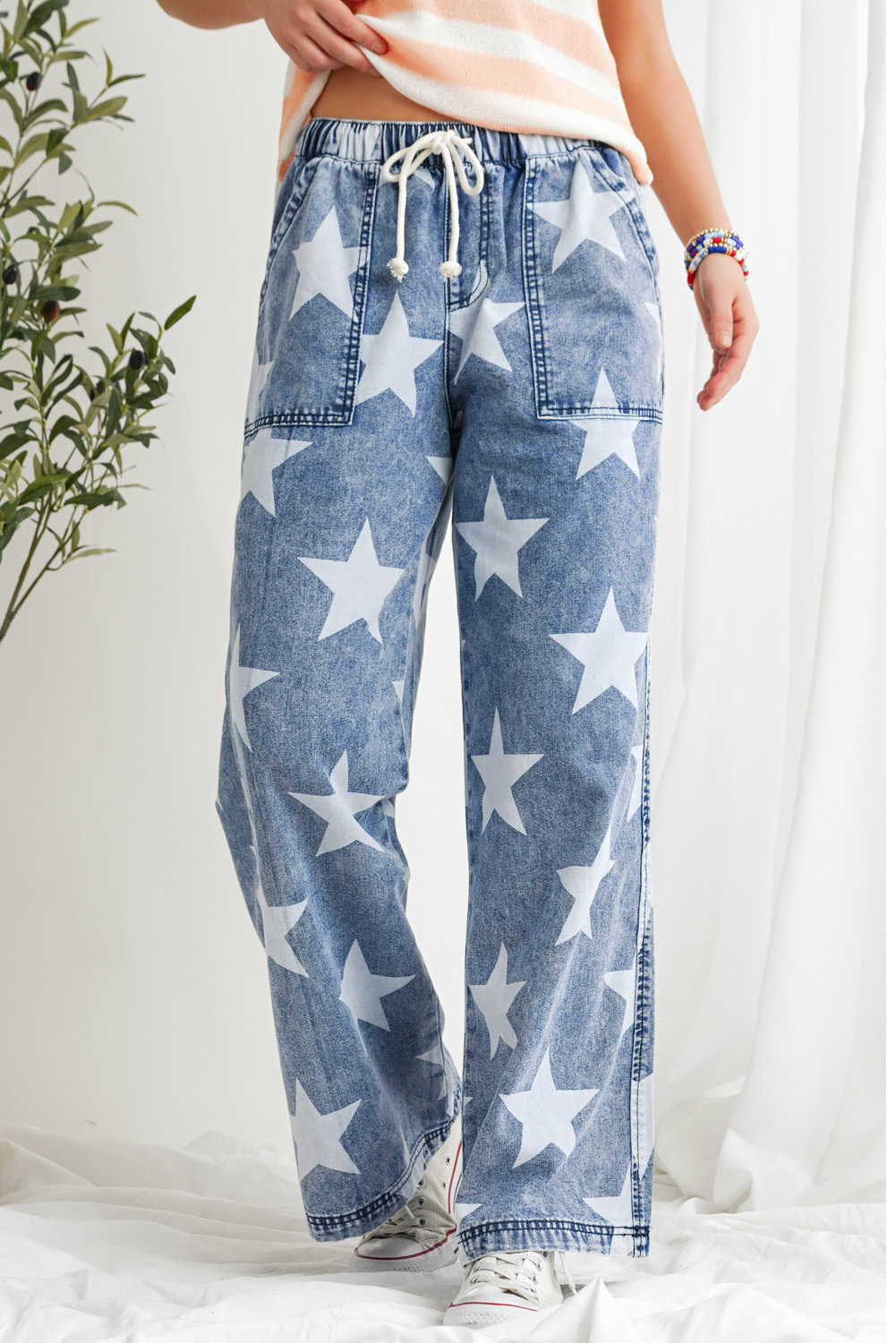 Light Blue Star Print Light Wash Drawstring Elastic Waistband Wide Leg Jeans