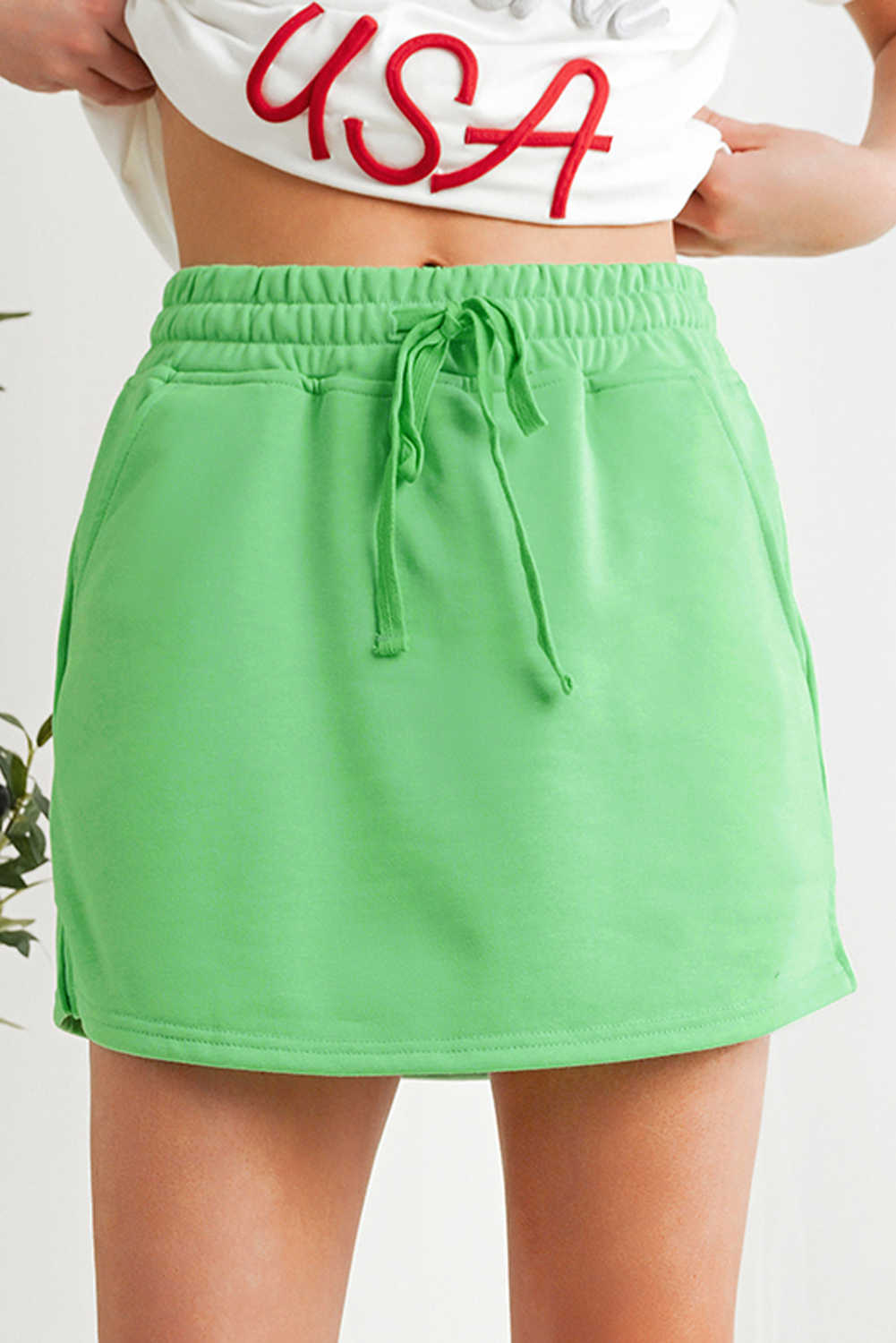 Light Green French Terry Drawstring Elastic Waistband Mini Skort with Pockets