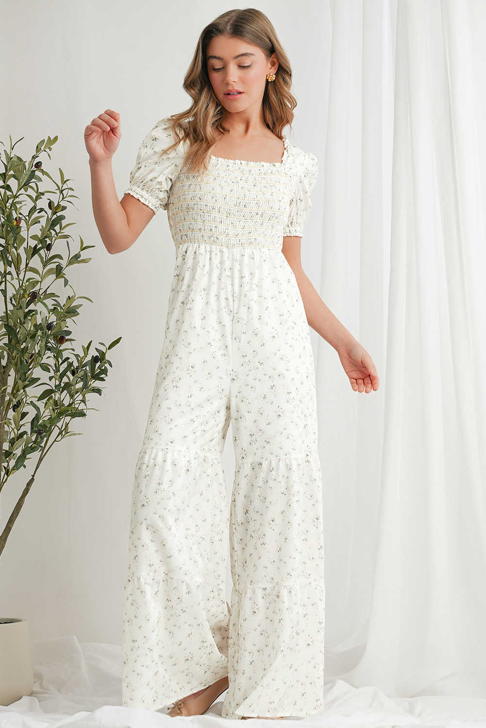 White Boho Floral Smocked Wide Leg Short Puff Sleeve Jumpsuit